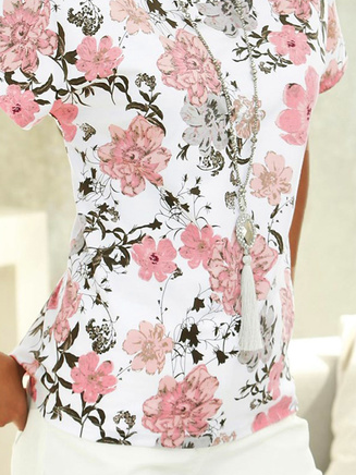 Floral Short Sleeve Crew Neck Casual Tunic T-Shirt
