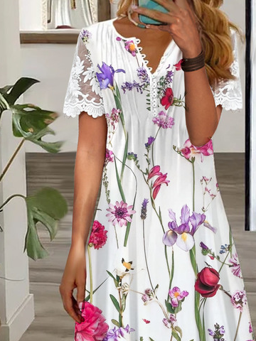Floral Printed V Neck Buckle Patchwork lace Short Sleeve Casual Dress
