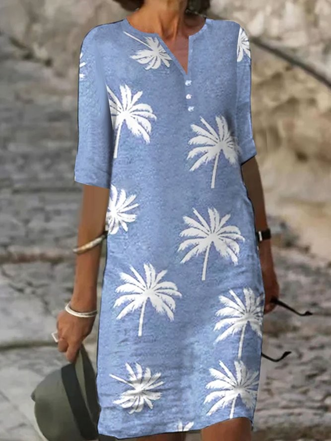 Notched Coconut Tree Printed Casual Dress | noracora