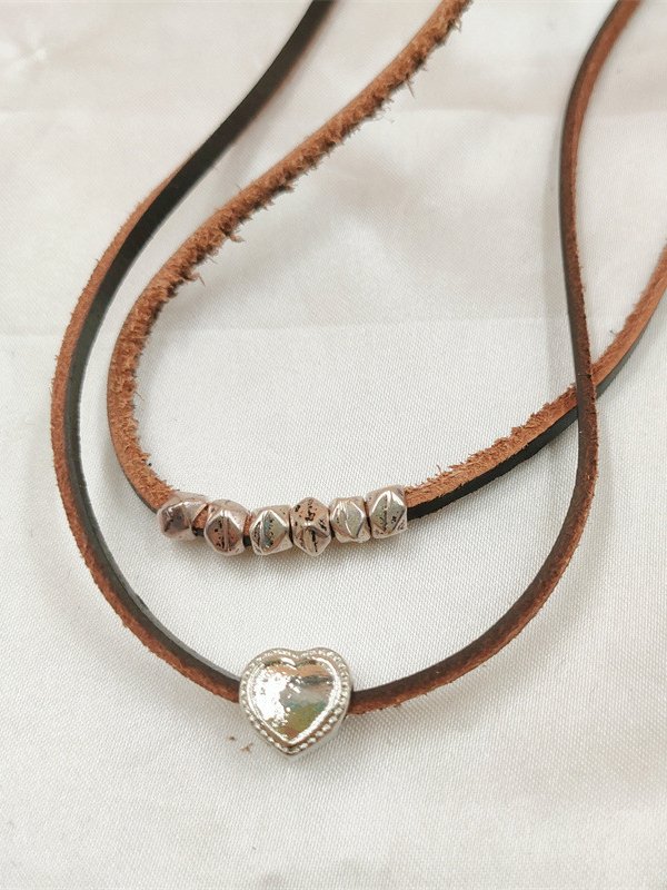 Leather Silver Heart Pattern Beaded Layered Necklace Western Ethnic Dress Jewelry