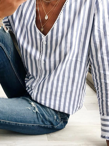 Striped V Neck Loose Casual Blouse