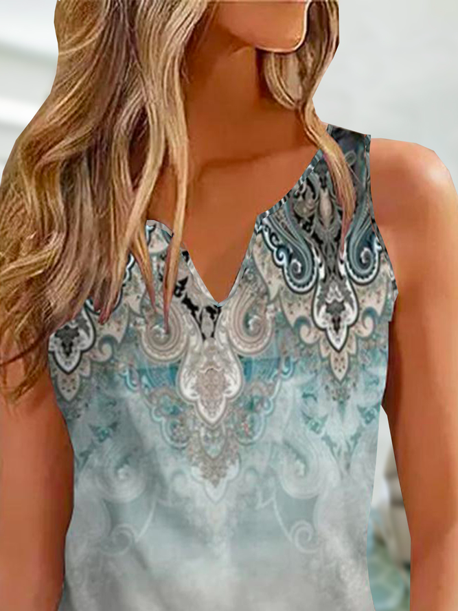 V Neck Ethnic Casual Loose Tank Top