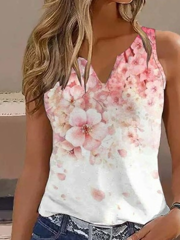 Casual Notched Jersey Floral Tank Top
