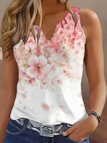 Casual Notched Jersey Floral Tank Top