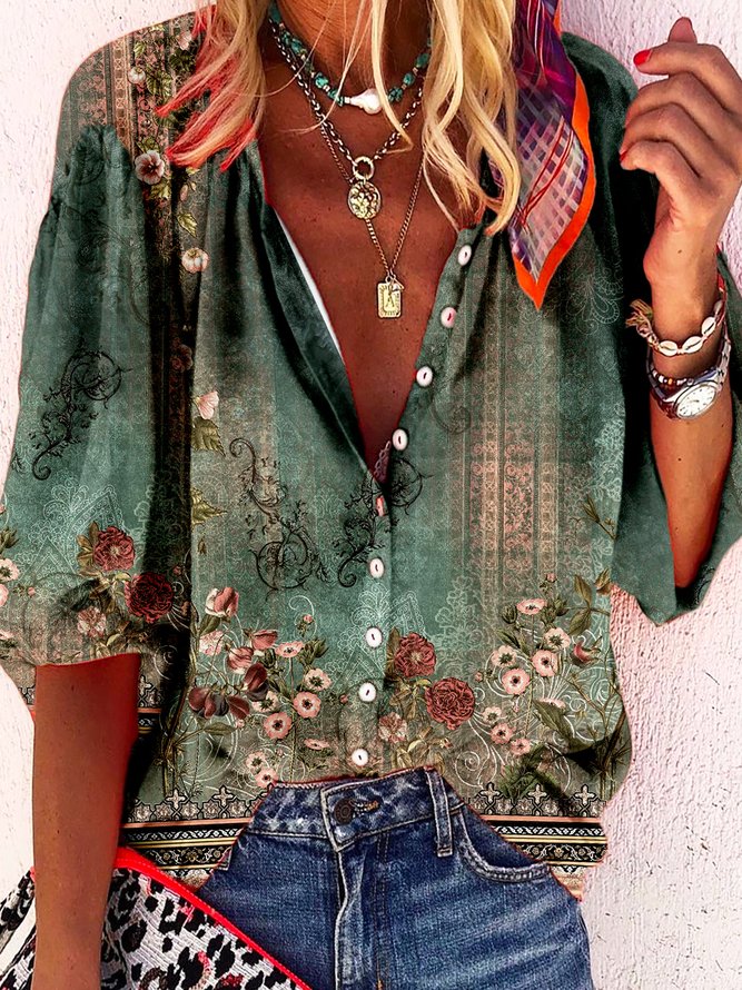 Floral Buckle Vacation Blouse