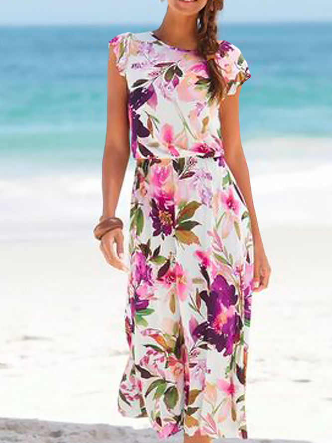 Vacation Crew Neck Red Floral Jersey Dress