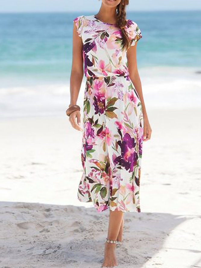 Vacation Crew Neck Red Floral Jersey Dress