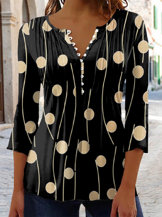 Polka Dots Geometric Buckle Notched Casual Tunic Shirt