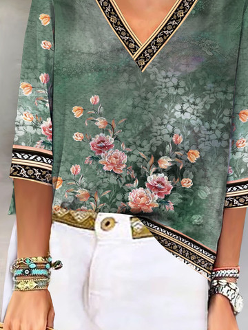 Loose Floral Printed Casual V Neck Blouses