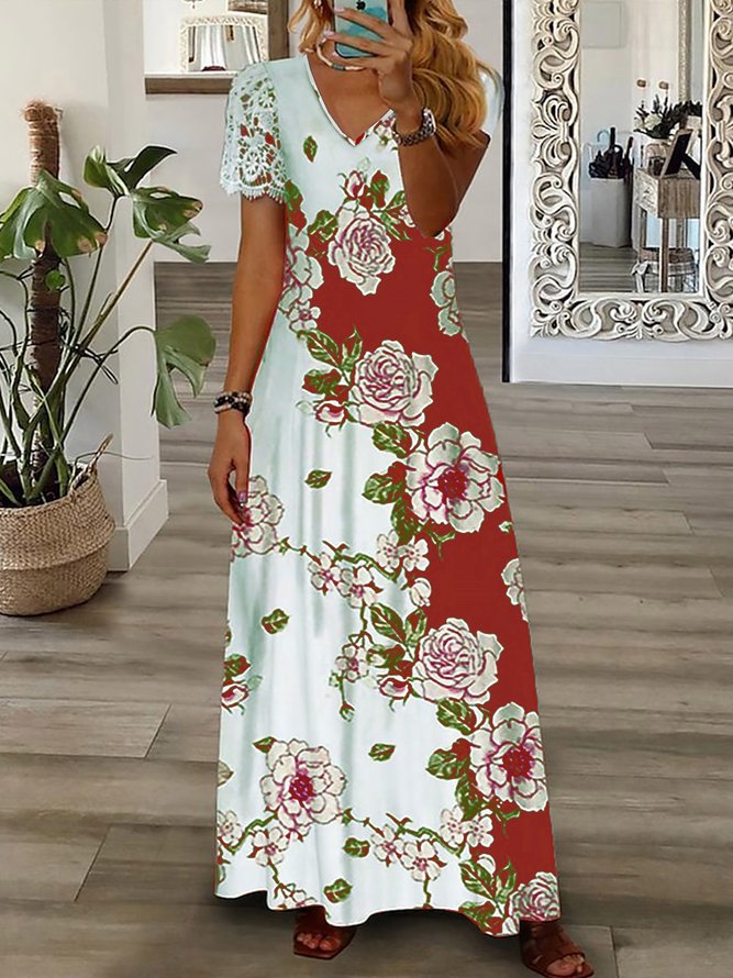 Casual Lace Floral Jersey Dress