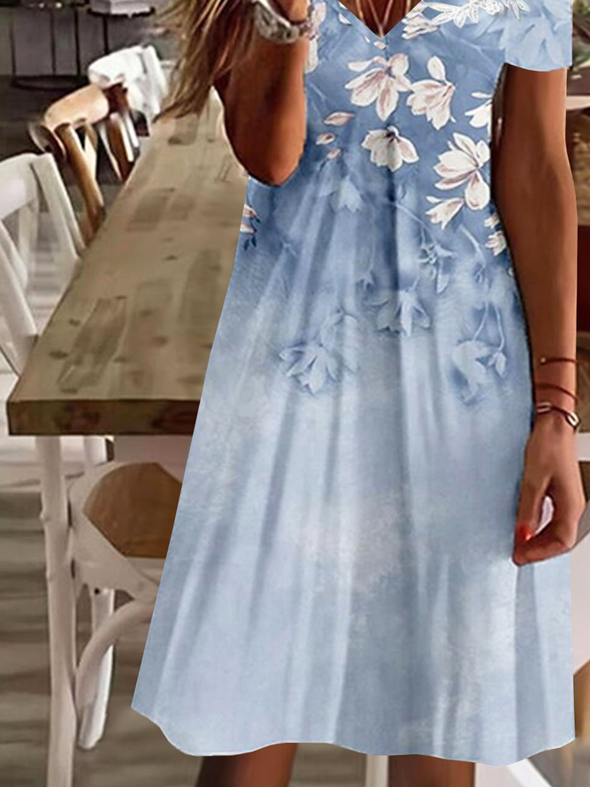 V Neck Casual Lace Floral Printed Dress