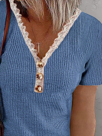 Lace V Neck Casual Polyester Cotton Shirt