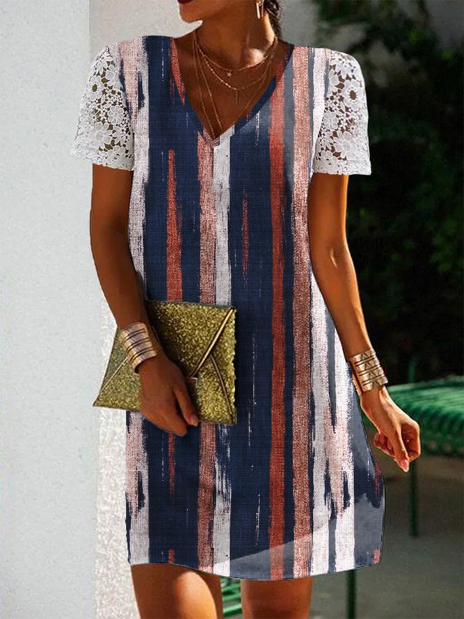Striped V Neck Lace Short Sleeve Casual Tunic Dress