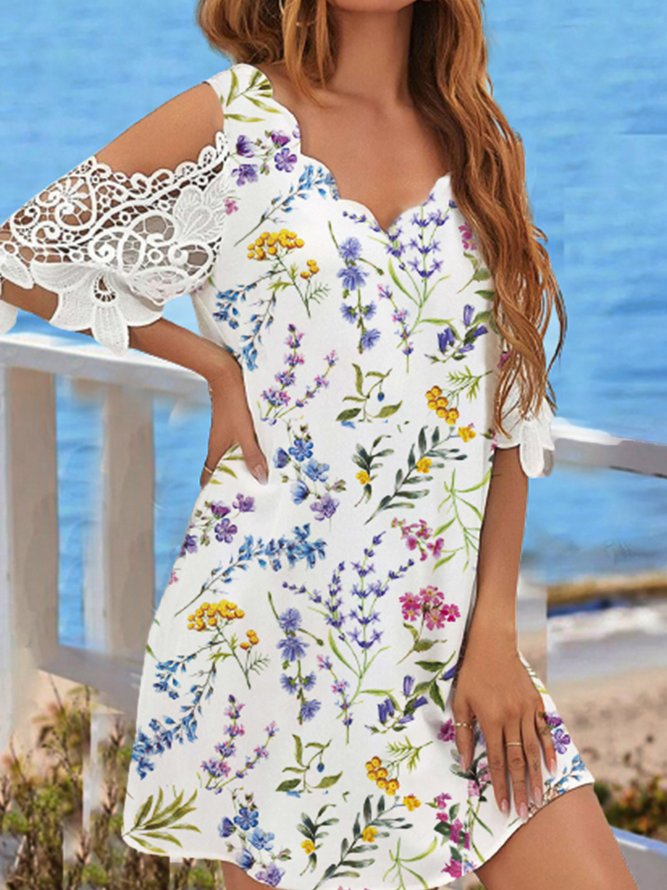 V Neck Vacation Lace Floral Dress