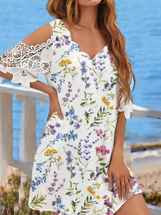 V Neck Vacation Lace Floral Dress