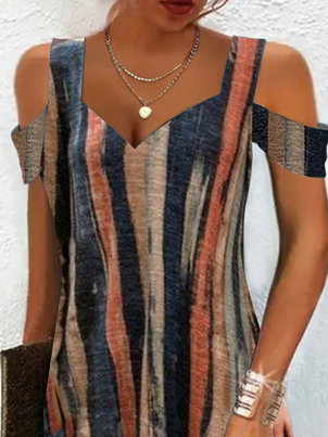 Color Block Knitted V Neck Casual Summer Dress