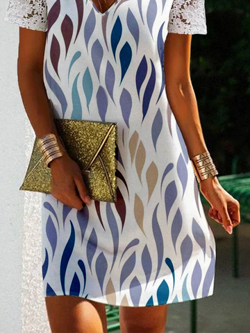 Geometric V Neck Lace Short Sleeve Casual Tunic Dress