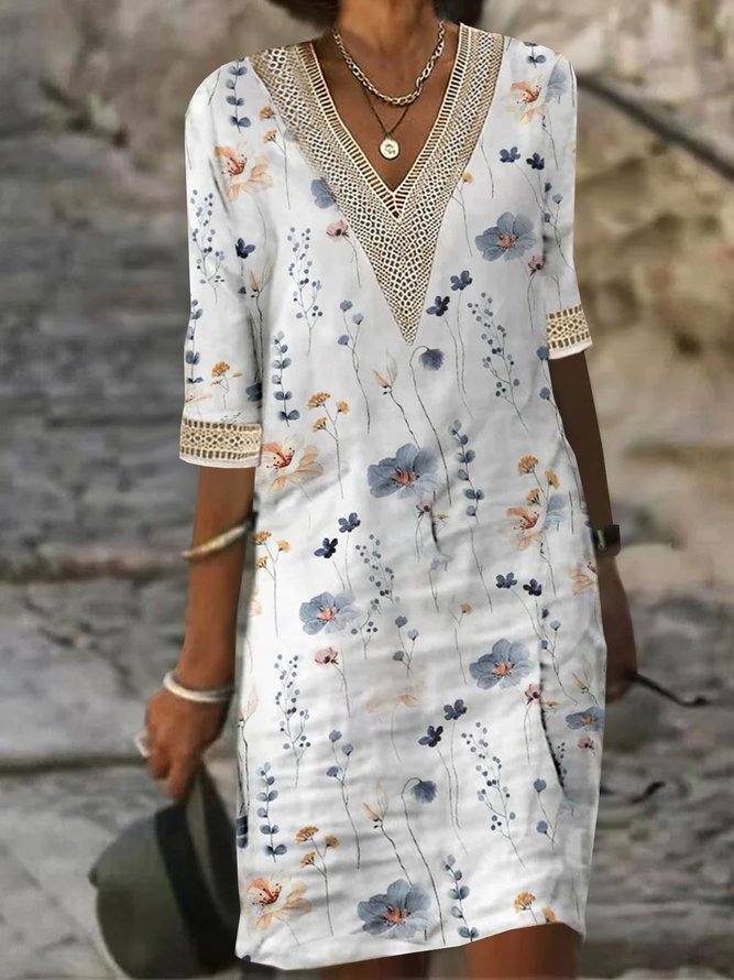 V Neck Casual Floral Printed Lace Dress