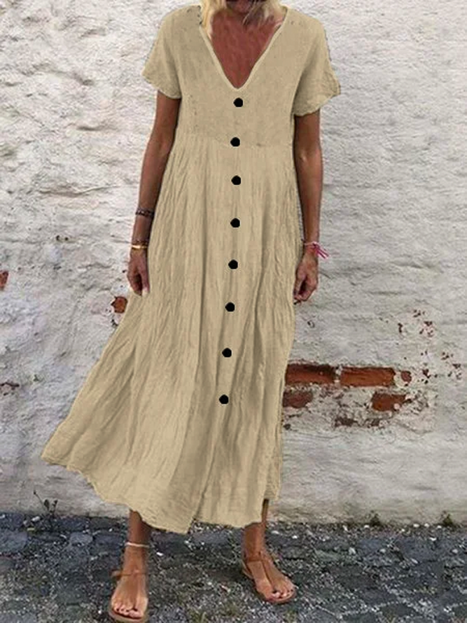 Cotton Plain V Neck Casual Boho Dress