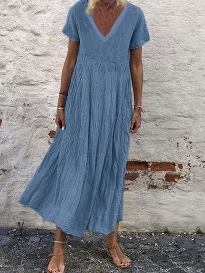Woman Short Sleeve Cotton-Blend V Neck Plain Casual Weaving Dress