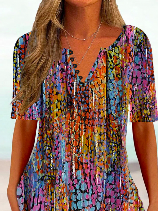 Casual Abstract Printed Notched Buttoned Blouse