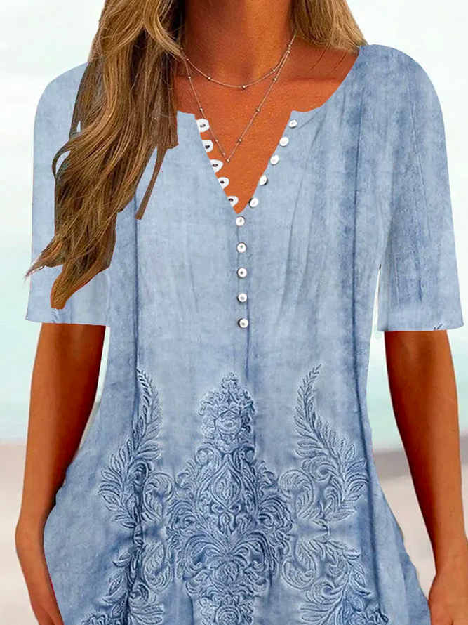 Ethnic Casual Loose Notched Blouse