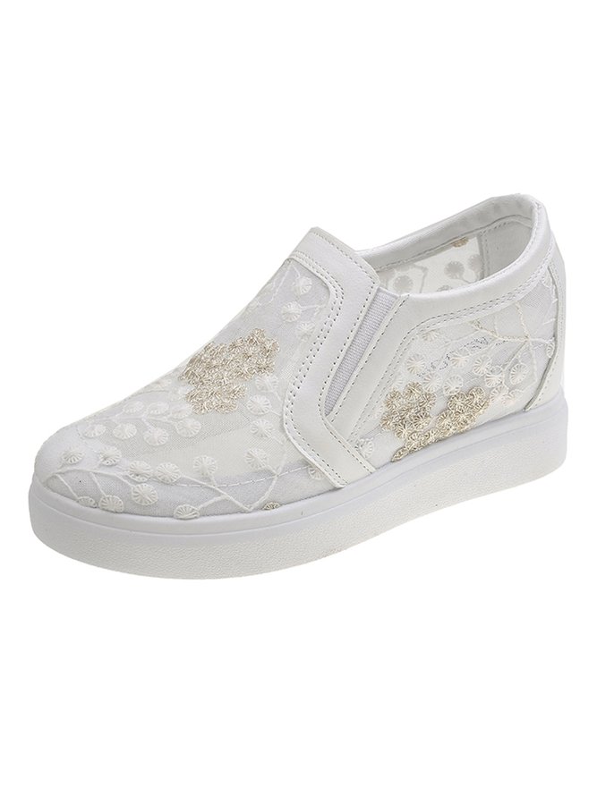 Mesh Embroidery Casual Paneled Slip-On Wedge Shoes