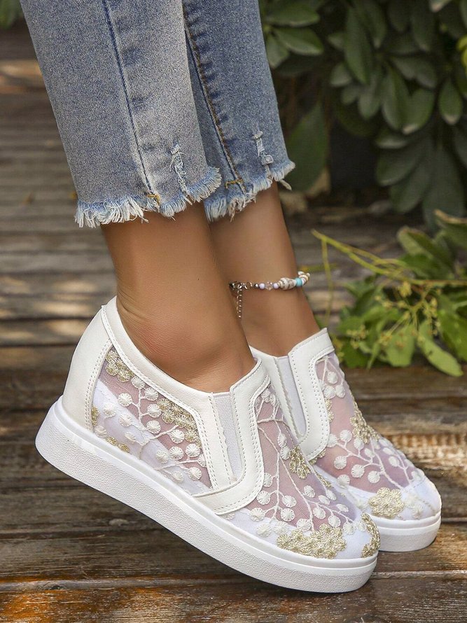 Mesh Embroidery Casual Paneled Slip-On Wedge Shoes
