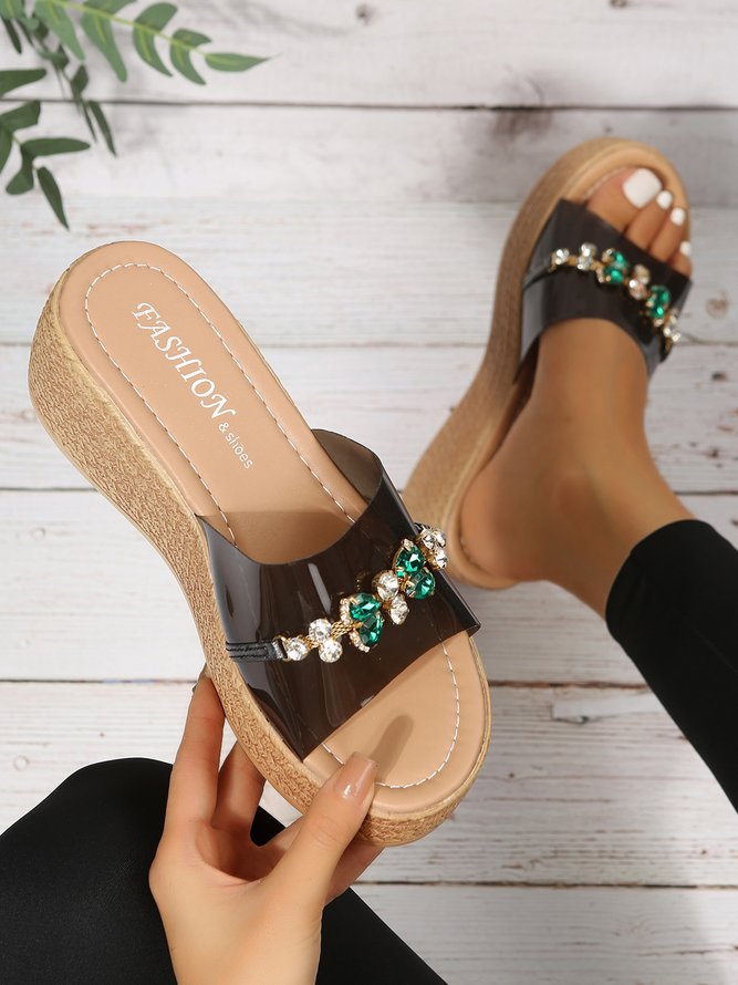 Waterproof Transparent PVC Rhinestone Decoration Holiday Faux Woven Wedge Sandals