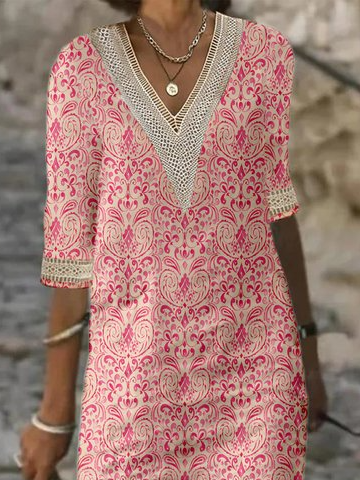 Ethnic Hollow Out Lace V Neck Half Sleeve Casual Dress