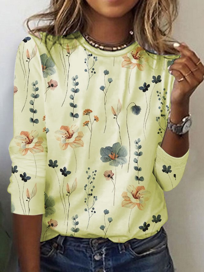 Floral Print Casual Crew neck Long Sleeve T-Shirt