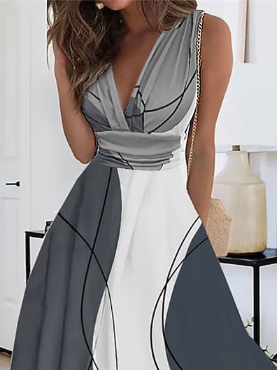Elegant Abstract Stripes V Neck Dress