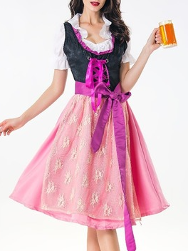 Oktoberfest Bavarian Traditional Beer Short Sleeve Dress Lace-up With Belt