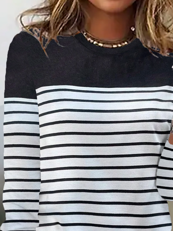 Crew Neck Striped Print Long Sleeve Casual T-Shirt