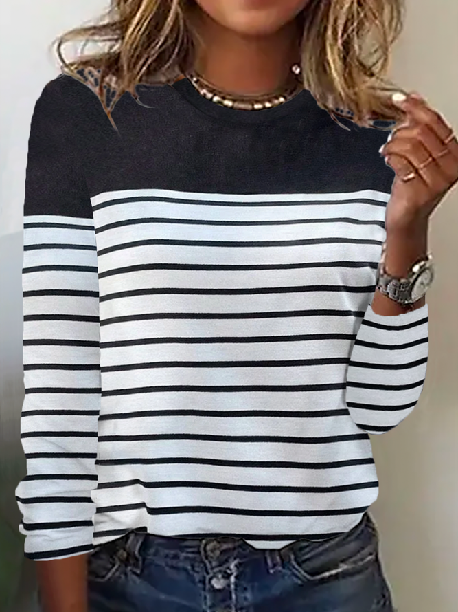 Crew Neck Striped Print Long Sleeve Casual T-Shirt