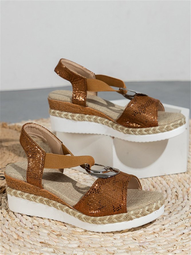 Vacation Silver Ring Straw Wedge Sandals in Linen
