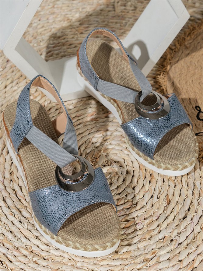 Vacation Silver Ring Straw Wedge Sandals in Linen