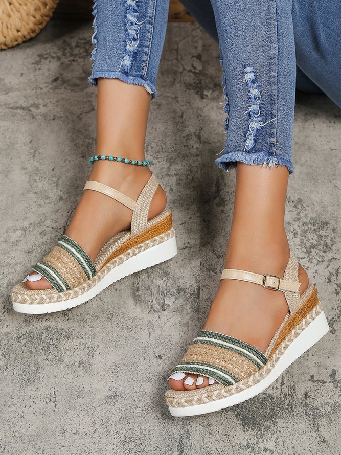 Vacation Embroidered Woven Linen Espadrille Wedge Sandals
