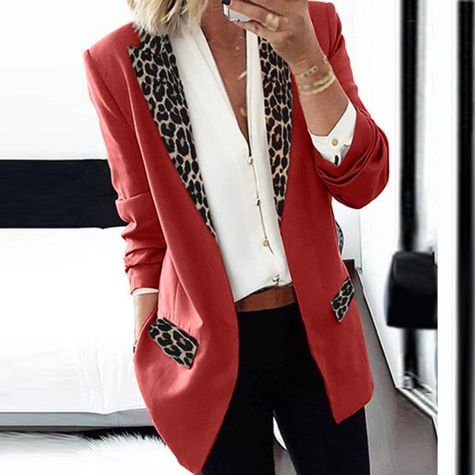 Lapel Collar Long Sleeve Leopard Regular Loose Blazer For Women