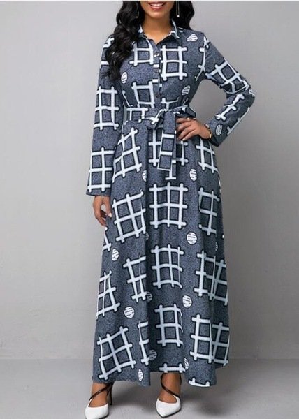 Women Abstract Shawl Collar Long Sleeve Comfy Casual Maxi Dress