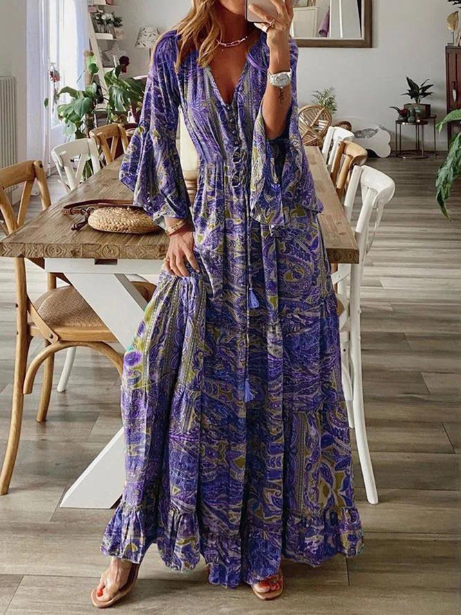 Women Abstract V Neck Long Sleeve Comfy Boho Printing Maxi Dress
