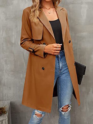 Lapel Collar Long Sleeve Plain Regular Loose Trench Coat For Women 2023