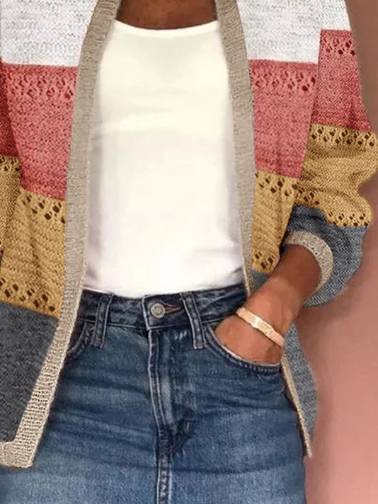 Women Knitted Color Block Long Sleeve Comfy Casual Jacquard Cardigan