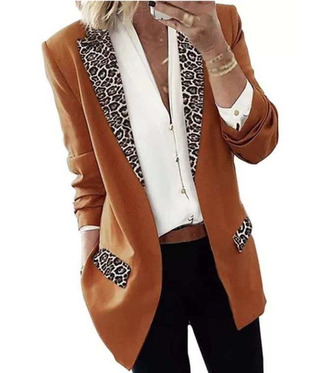Lapel Collar Long Sleeve Leopard Regular Loose Blazer For Women