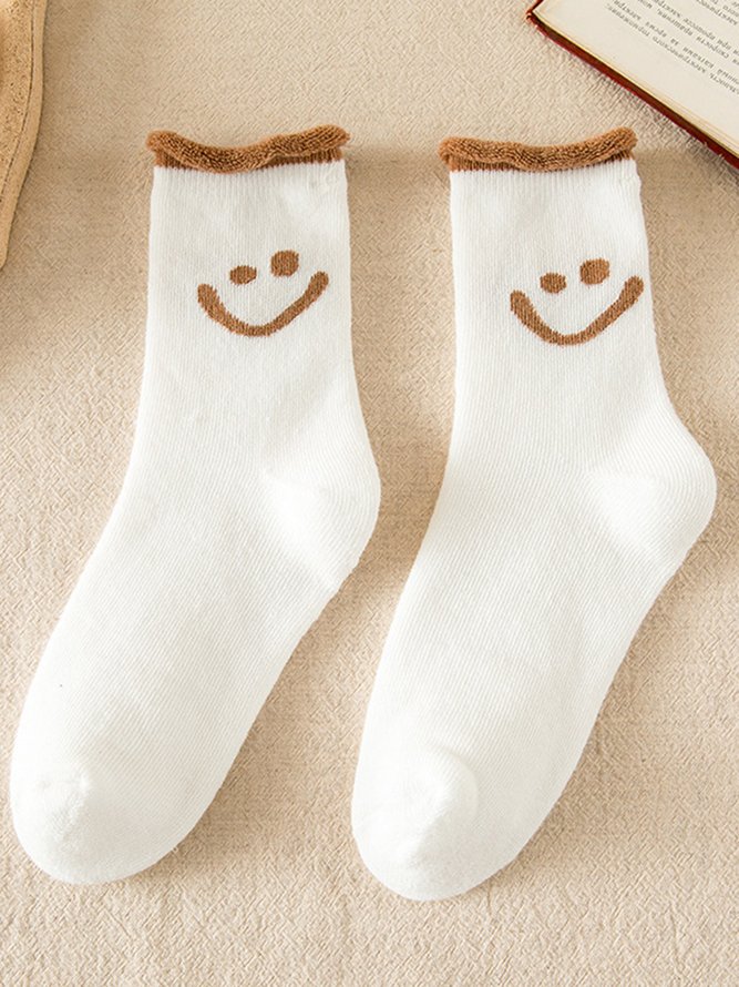 1pair Women Cute Smiley Warmth Terry Socks