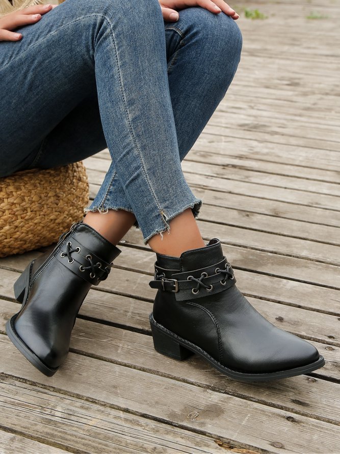 Vintage Plain Wearable Zipper Block Heel Classic Boots Buckle