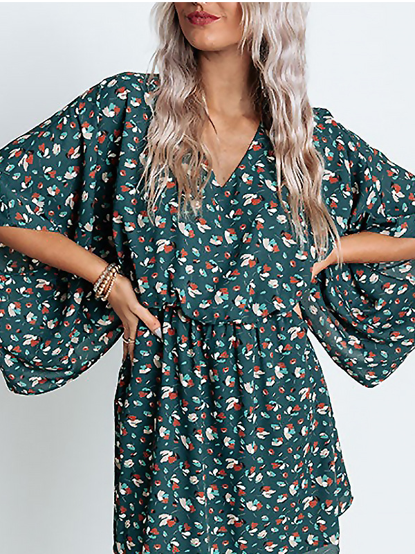 Women Disty Floral V Neck Half Sleeve Comfy Vintage Short Dress