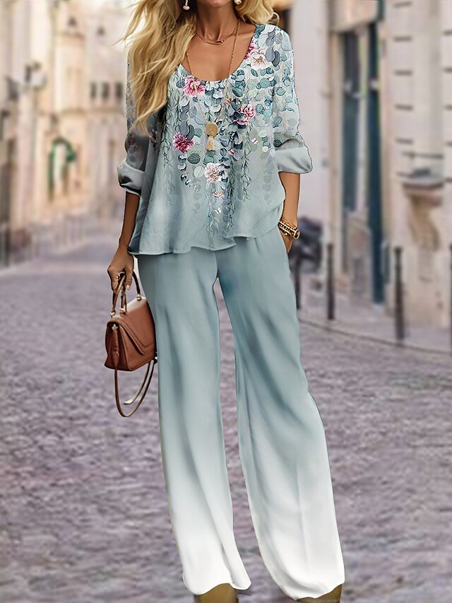 Women Floral Crew Neck Long Sleeve Comfy Casual Top With Pants Two-Piece Set
