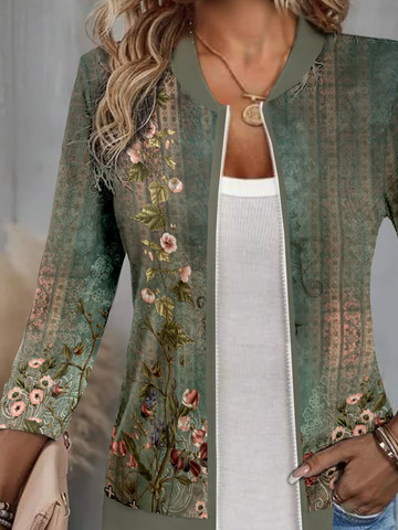 Long Sleeve Floral Zipper Regular Micro-Elasticity Loose Jacket For Women