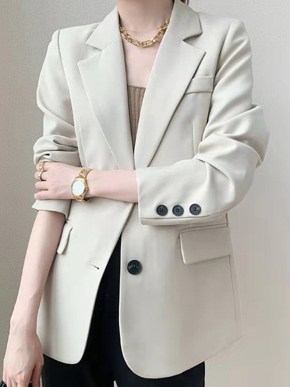 Lapel Collar Long Sleeve Plain Buckle Regular Loose Blazer For Women
